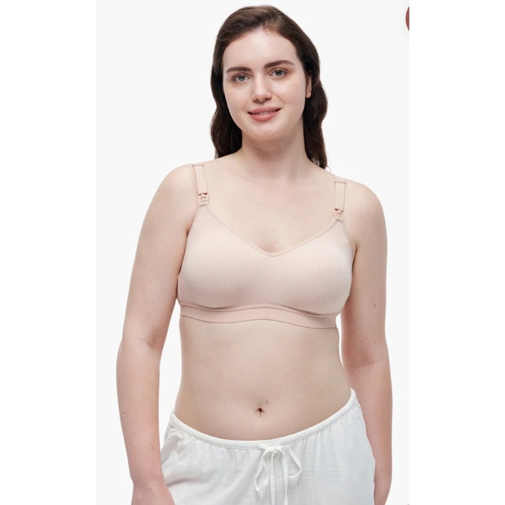 Momcozy Tencel Fabric Seamless Breast Pump Bra Nursing Wireless Oyster Pink L